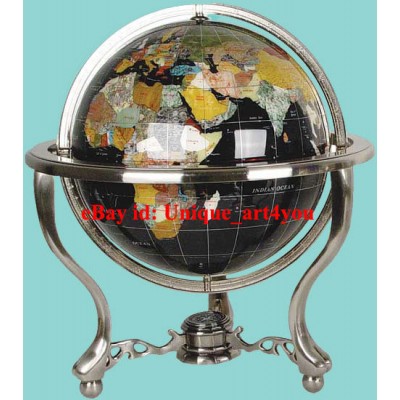 21" Black Onyx Ocean Silver Tripod Leg table Gem GEMSTONE WORLD MAP MOP GLOBE   172469145651